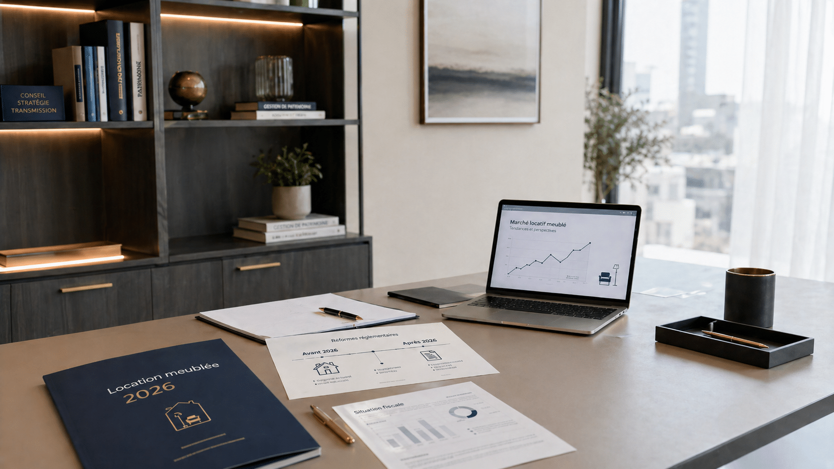 Créer une image photo-réaliste, épurée, élégante et professionnelle pour illustrer un article de gestion de patrimoine sur les changements de la location meublée en 2026 avec la nouvelle loi de finances. La scène doit représenter un investisseur ou propriétaire bailleur assis à un bureau avec un conseiller en gestion de patrimoine, dans une ambiance calme, haut de gamme et rassurante. Sur la table : un dossier sobre intitulé “Location meublée 2026”, quelques documents fiscaux, un stylo élégant, un ordinateur portable affichant discrètement un graphique immobilier et une icône de logement meublé. L’image doit suggérer une évolution fiscale, une réforme, un changement de règles, sans être anxiogène. Ajouter des éléments visuels subtils : une petite frise chronologique “Avant 2026 / Après 2026”, un pictogramme de maison, un document administratif, quelques chiffres flous ou schématiques pour évoquer la fiscalité, sans texte trop détaillé. Style visuel : très épuré, premium, professionnel ; adapté à un cabinet de gestion de patrimoine ; ambiance claire, lumineuse et rassurante ; couleurs sobres : beige, blanc cassé, bleu nuit, gris clair, touches dorées très discrètes ; composition aérée, moderne, élégante ; rendu photo réaliste haut de gamme ; pas de surcharge visuelle ; pas de style cartoon ; pas de texte illisible ou trop présent. L’image doit donner une impression de conseil patrimonial sérieux, de nouvelle réglementation à anticiper, et de décision immobilière accompagnée par un professionnel. Format horizontal 16:9, qualité éditoriale, lumière naturelle, profondeur de champ légère, style magazine financier premium. À éviter : LES CHANGEMENTS DE LA LOCATION MEUBLÉE EN 2026